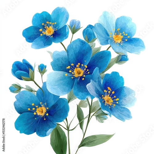 Blue Flowers Watercolor Illustration on White Background