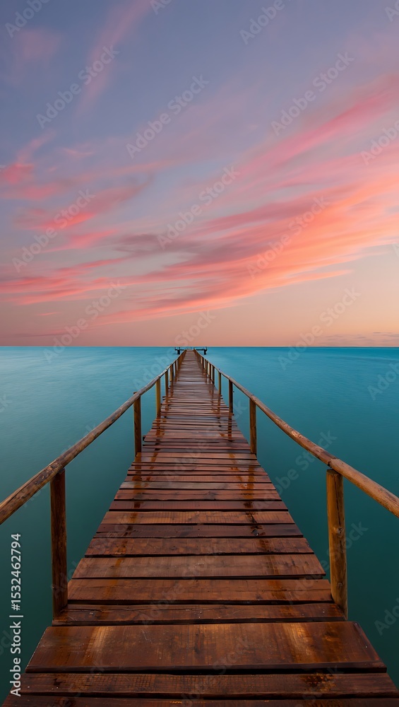 Obraz premium Serene wooden pier extending into calm ocean at sunset