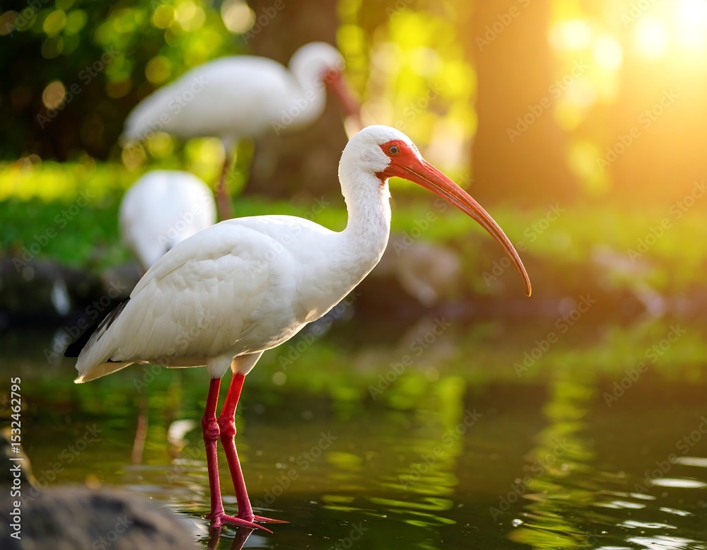 Fototapeta premium White bird by water at sunset