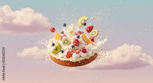 Colorful dessert topped with fresh fruit splashing in mid-air   photo