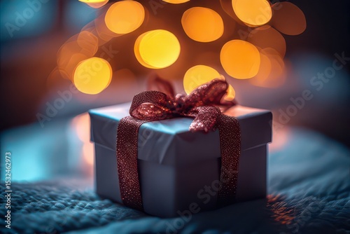 A beautifully wrapped gift box with a shimmering ribbon and soft bokeh lights creates a festive and magical atmosphere, perfect for celebrating special occasions and joyful moments . photo