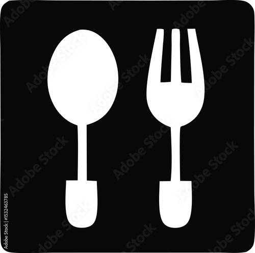 Simple black and white spoon and fork icon on a square background