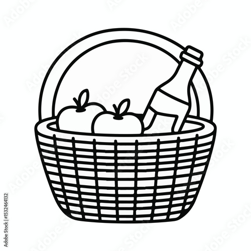 Picnic Basket Line Art Vector with Apples and Bottle for Outdoor Food and Summer Design
