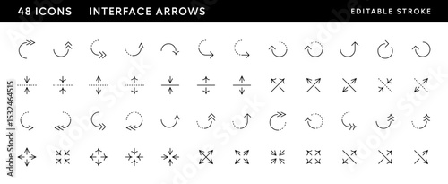 Arrow icon collection. Interface arrows, reload, rotation, right curved, circular arrow, turn back, refresh, expand, collapse and more. Editable stroke. Pixel Perfect. Grid base 32 x 32.