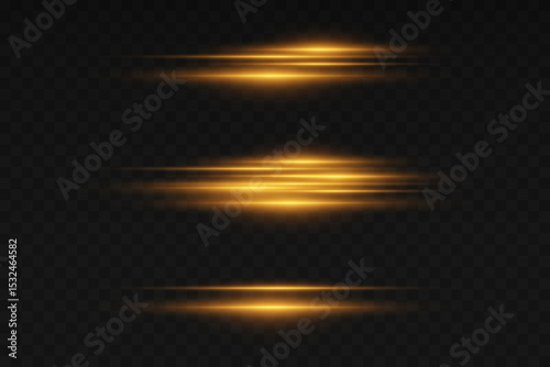 Set of golden glowing laser light lines. On a transparent background.