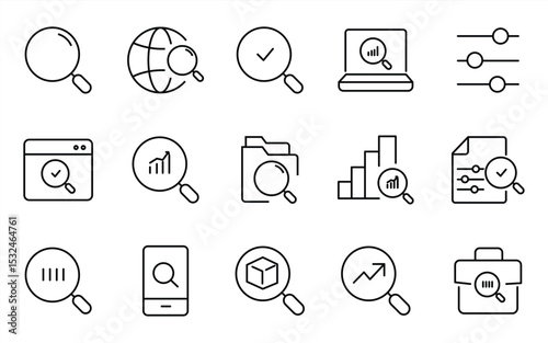Find a collection of web icons in line style. Magnifying glass linear icon collection. Contains data analysis, management, investigation, discovery and more. Editable strokes