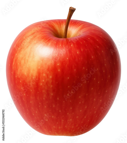 A glossy red apple with a smooth, unblemished skin and a brown stem.