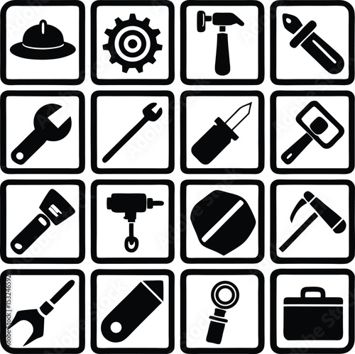 A collection of sixteen black and white tool icons in square frames