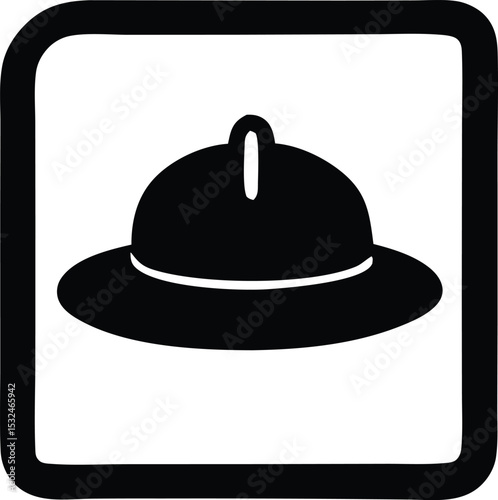 Black and white illustration of a pith helmet in a square frame