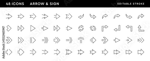 Arrow icon set. Outline editable stroke arrow icon collection. Chevron arrow, forward, reload, send, navigate, turn right and more. Editable stroke. Pixel Perfect. Grid base 32 x 32.