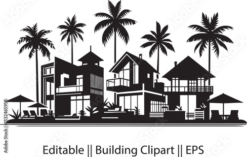 Black Silhouette of Beach Houses – Palm Trees & Modern Villas in Minimal Clipart Design