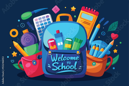 Colorful Welcome to School Illustration with Backpack and School Supplies