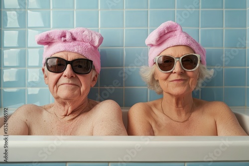 Senior couple wears sunglasses and pink towel in a bathtub. Use it for aging, retirement or active senior lifestyle.