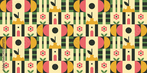 Geometric floral arrangement with various shapes.