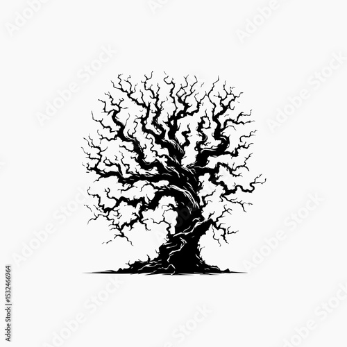Majestic dead tree silhouette logo with intricate gnarled branches and weathered trunk in detailed black and white vector