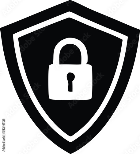 Black shield icon with white padlock security and protection symbol