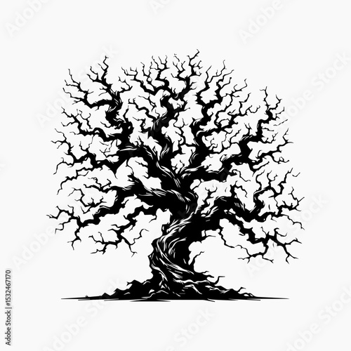 Majestic dead tree silhouette logo with intricate gnarled branches and weathered trunk in detailed black and white vector