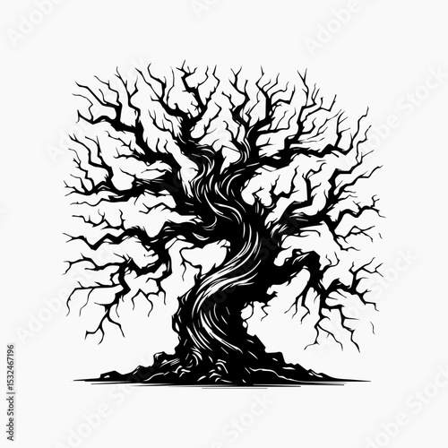 Majestic dead tree silhouette logo with intricate gnarled branches and weathered trunk in detailed black and white vector