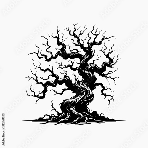 Bold gothic tree emblem featuring twisted bare branches and textured bark in striking monochrome silhouette