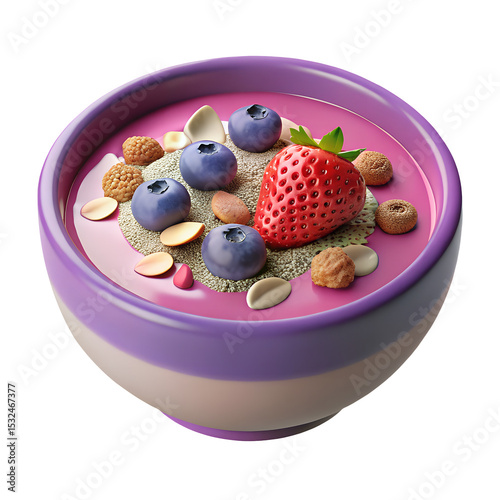 3d cereal bowl with strawberries and blueberries icon in cartoon plastic style minimal isolated on transparent white background, breakfast concept

