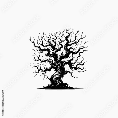 Bold gothic tree emblem featuring twisted bare branches and textured bark in striking monochrome silhouette