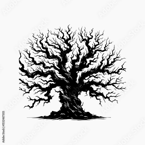 Bold gothic tree emblem featuring twisted bare branches and textured bark in striking monochrome silhouette