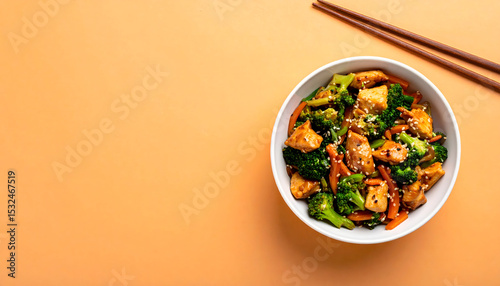 Freshly Cooked Stir-fried Chicken and Broccoli in White Bowl with Chopsticks