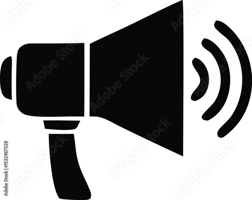 A simple black silhouette of a megaphone broadcasting sound waves
