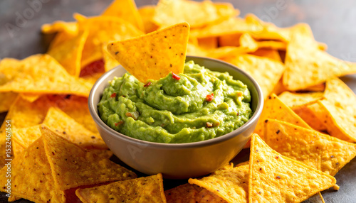 Green guacamole in bowl on tortilla chips, healthy snack on white background