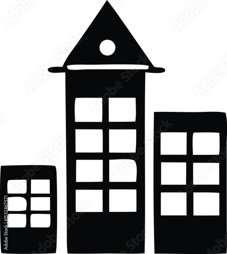 Simple black and white illustration of a trio of buildings