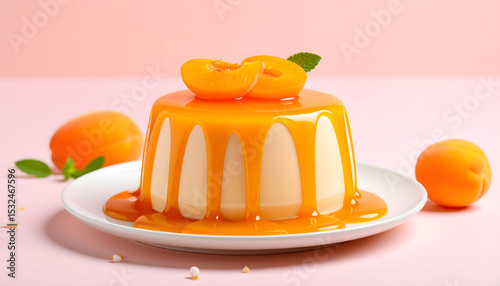 Colorful dessert with orange sauce and fruit on white plate over pink background