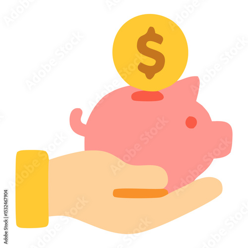 Hand holding a pink piggy bank with a dollar coin above it, symbolizing savings and financial planning
