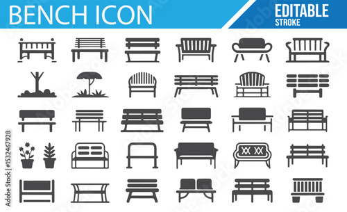 Editable icons of garden benches, park seating, and outdoor furniture styles
