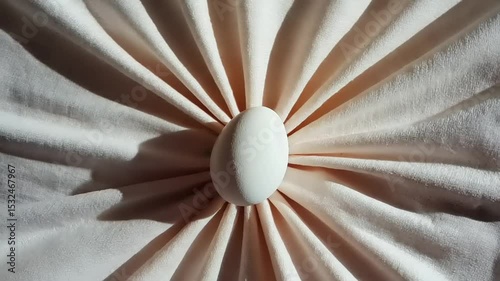 Close-up of a Single White Egg Centered on Soft, Pleated Fabric