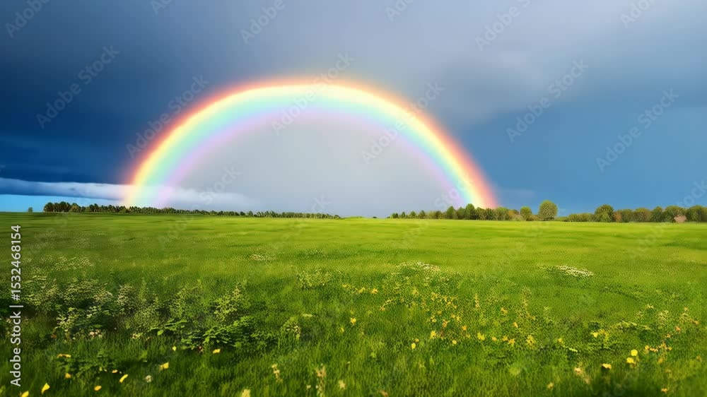 Double rainbow arcs over vast green meadow, wildflowers scattered, bright sky, countryside landscape, blurred trees, beauty in nature, colorful spectrum Double rainbow arcs over vast green meadow, wildflowers scattered, bright sky, countryside landscape, blurred trees, beauty in nature, colorful spectrum