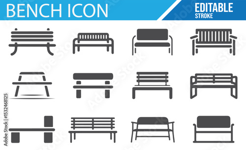 Collection of modern and classic bench icons for urban planning and landscape design

