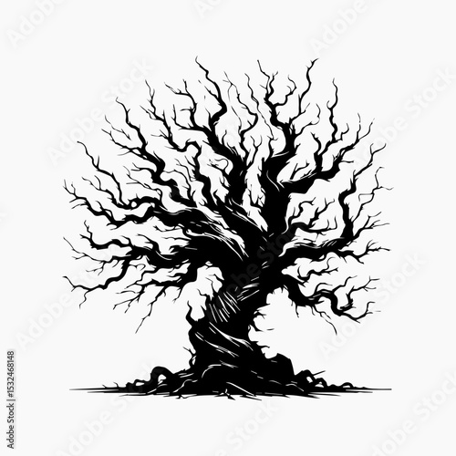 Powerful dead oak vector logo showcasing weathered trunk and sprawling leafless branches in detailed silhouette