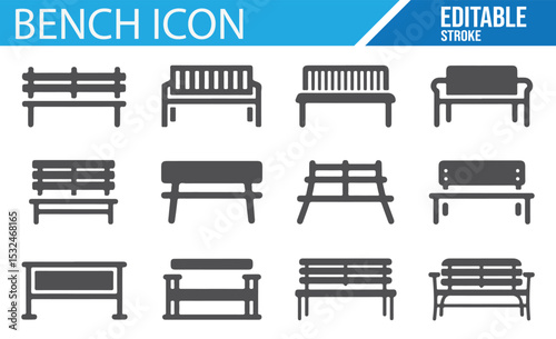 Editable line icons of park benches, wooden benches, and seating for furniture designs
