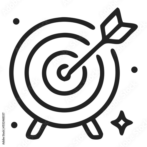 A simple black and white illustration of a target with an arrow hitting the bullseye, symbolizing success