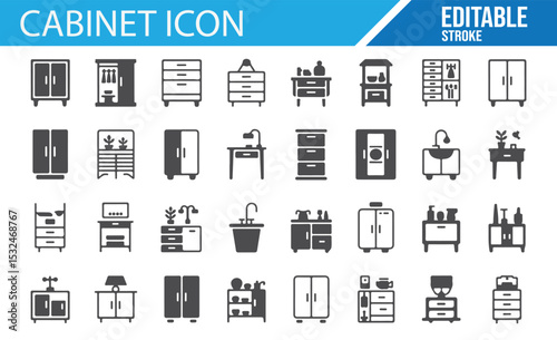 Editable icons of vanity cabinets, bathroom drawers, and shelving units