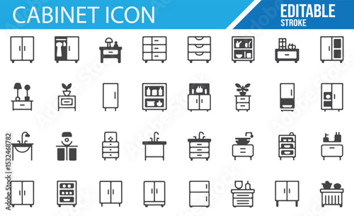 Set of drawer and cupboard icons for interior design, home storage, and organization