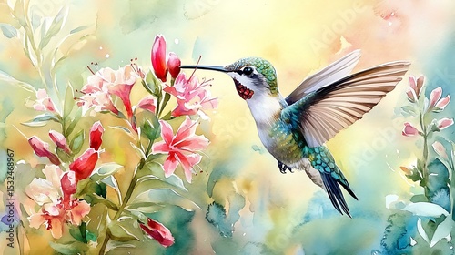 Watercolor of hummingbirds sipping nectar from bright flowers
