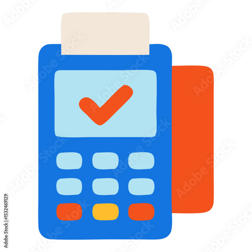 Colorful payment terminal with checkmark indicating successful transaction in a retail setting