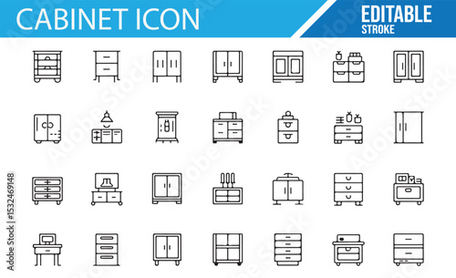 Set of line icons for cabinets and furniture in home organization and design
