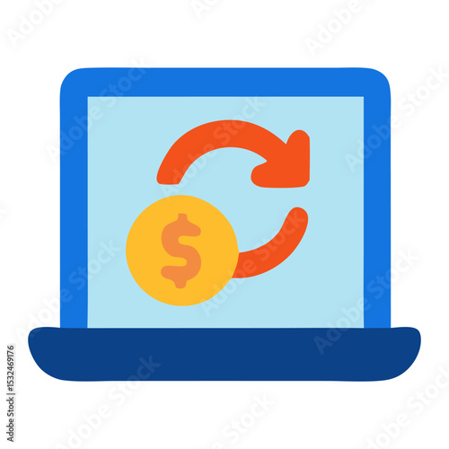 Digital illustration of a laptop displaying a currency exchange symbol with a dollar coin, representing online transactions