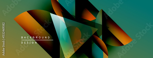 Abstract geometric shapes overlap, creating vibrant color gradients. Design features teal, orange, brown hues. Modern background texture.