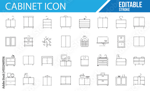 Furniture icon set including drawers, shelves, and cabinets for home organization