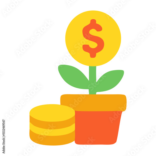 A vibrant illustration of a money plant growing in a pot with coins, symbolizing financial growth