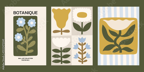 Neutral colors floral vector posters set. Minimalist print designs with flowers and abstract plants in blocks, on striped background