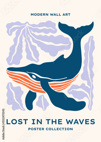 Underwater sea whale vector illustration. Minimalist retro poster design with ocean creature, seaweeds